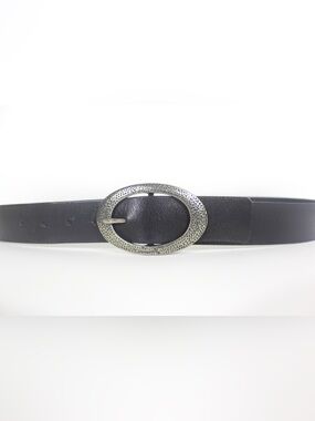 Vintage Black Leather Belt with Silver Statement Buckle